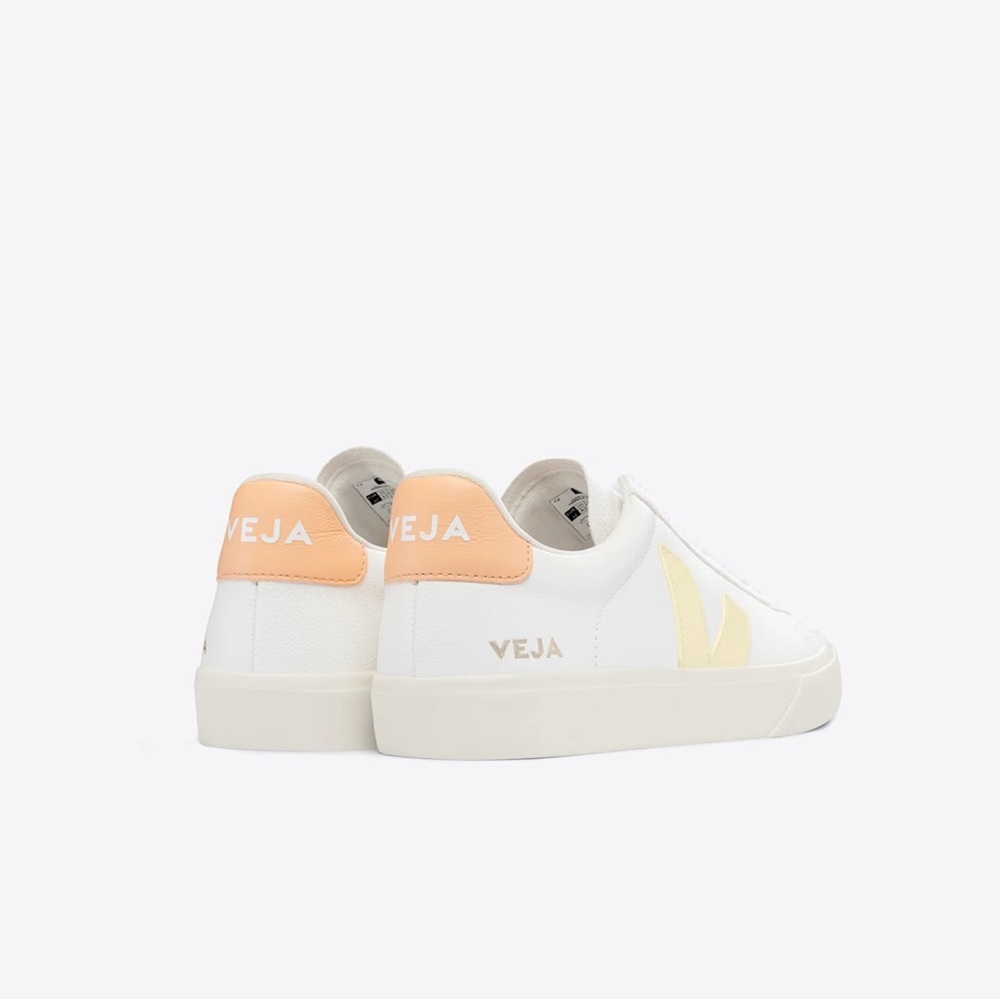 Veja Women's White Sneakers with Yellow V Logo and Peach Heel Tab - Picture 3 of 10